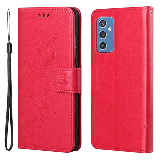Butterfly Flower Imprinting Anti-Scratch Anti-Drop Leather Phone Wallet Stand Cover with Strap for Samsung Galaxy M52 5G - Red