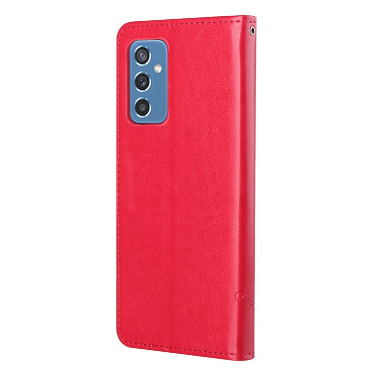 Butterfly Flower Imprinting Anti-Scratch Anti-Drop Leather Phone Wallet Stand Cover with Strap for Samsung Galaxy M52 5G - Red