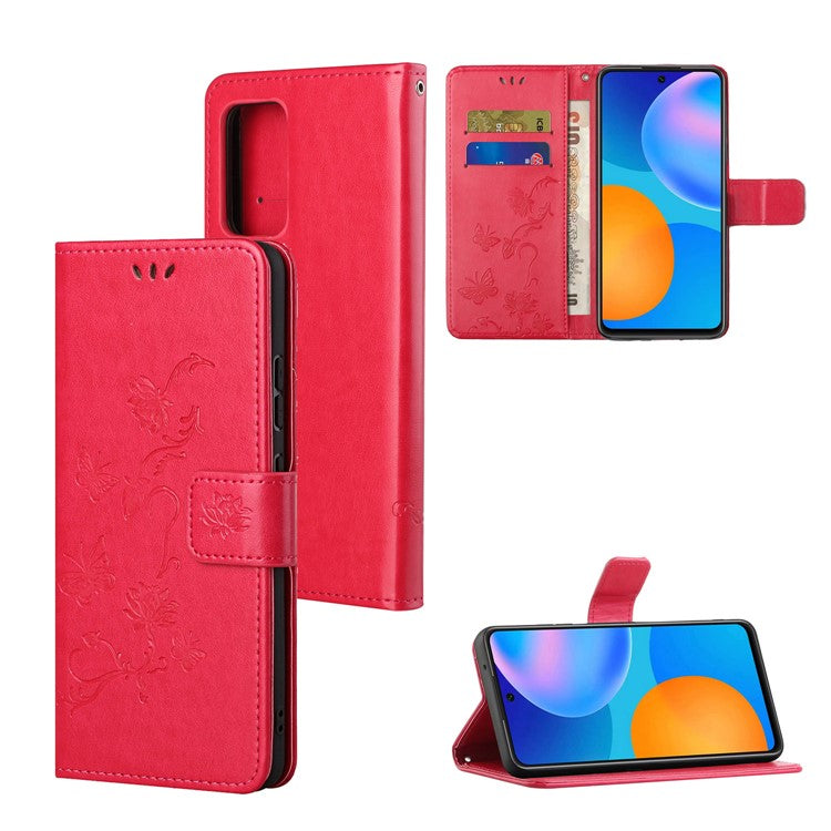 Butterfly Flower Imprinting Anti-Scratch Anti-Drop Leather Phone Wallet Stand Cover with Strap for Samsung Galaxy M52 5G - Red