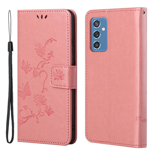 Butterfly Flower Imprinting Anti-Scratch Anti-Drop Leather Phone Wallet Stand Cover with Strap for Samsung Galaxy M52 5G - Pink