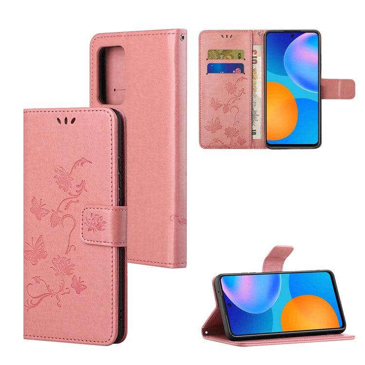 Butterfly Flower Imprinting Anti-Scratch Anti-Drop Leather Phone Wallet Stand Cover with Strap for Samsung Galaxy M52 5G - Pink
