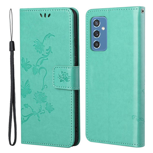 Butterfly Flower Imprinting Anti-Scratch Anti-Drop Leather Phone Wallet Stand Cover with Strap for Samsung Galaxy M52 5G - Green