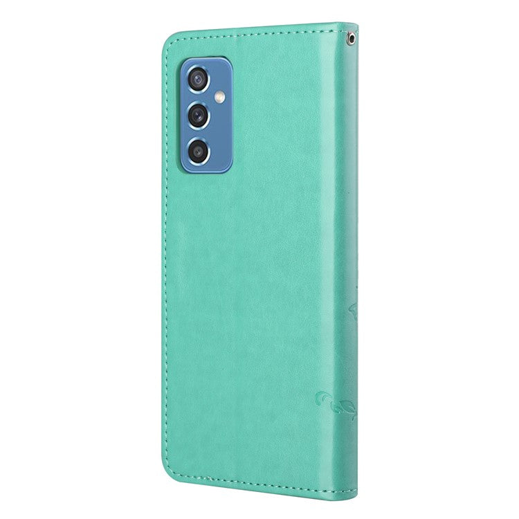 Butterfly Flower Imprinting Anti-Scratch Anti-Drop Leather Phone Wallet Stand Cover with Strap for Samsung Galaxy M52 5G - Green