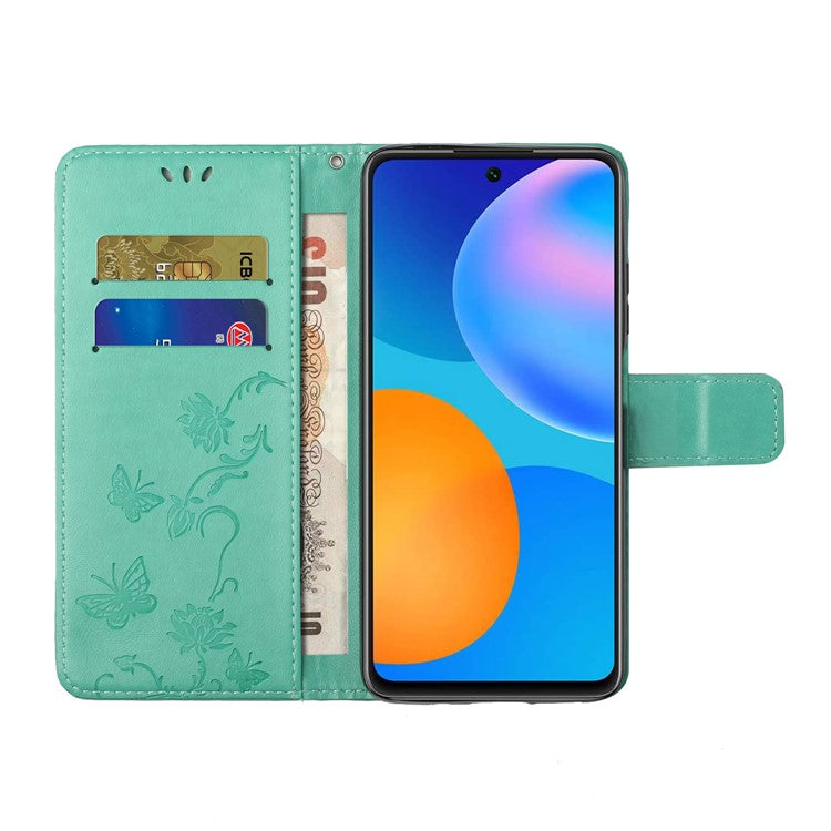 Butterfly Flower Imprinting Anti-Scratch Anti-Drop Leather Phone Wallet Stand Cover with Strap for Samsung Galaxy M52 5G - Green
