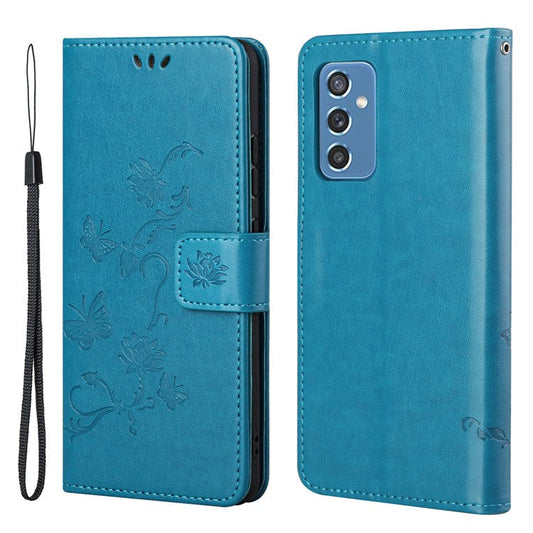 Butterfly Flower Imprinting Anti-Scratch Anti-Drop Leather Phone Wallet Stand Cover with Strap for Samsung Galaxy M52 5G - Blue