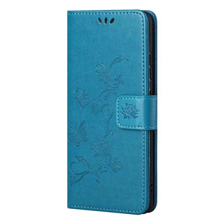 Butterfly Flower Imprinting Anti-Scratch Anti-Drop Leather Phone Wallet Stand Cover with Strap for Samsung Galaxy M52 5G - Blue