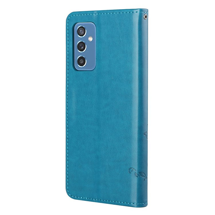 Butterfly Flower Imprinting Anti-Scratch Anti-Drop Leather Phone Wallet Stand Cover with Strap for Samsung Galaxy M52 5G - Blue