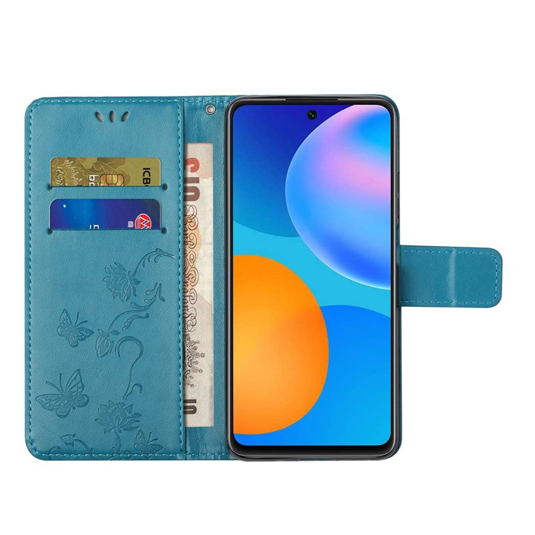 Butterfly Flower Imprinting Anti-Scratch Anti-Drop Leather Phone Wallet Stand Cover with Strap for Samsung Galaxy M52 5G - Blue