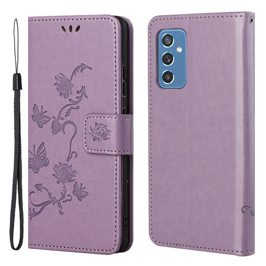 Butterfly Flower Imprinting Anti-Scratch Anti-Drop Leather Phone Wallet Stand Cover with Strap for Samsung Galaxy M52 5G - Purple
