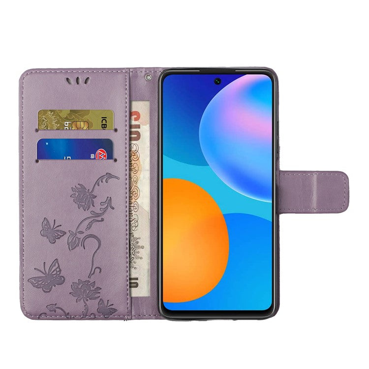 Butterfly Flower Imprinting Anti-Scratch Anti-Drop Leather Phone Wallet Stand Cover with Strap for Samsung Galaxy M52 5G - Purple