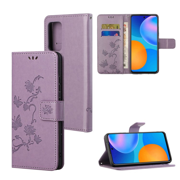 Butterfly Flower Imprinting Anti-Scratch Anti-Drop Leather Phone Wallet Stand Cover with Strap for Samsung Galaxy M52 5G - Purple