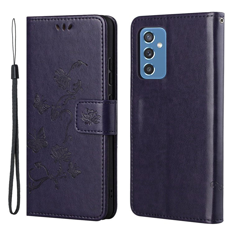 Butterfly Flower Imprinting Anti-Scratch Anti-Drop Leather Phone Wallet Stand Cover with Strap for Samsung Galaxy M52 5G - Dark Purple
