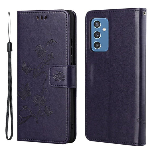 Butterfly Flower Imprinting Anti-Scratch Anti-Drop Leather Phone Wallet Stand Cover with Strap for Samsung Galaxy M52 5G - Dark Purple