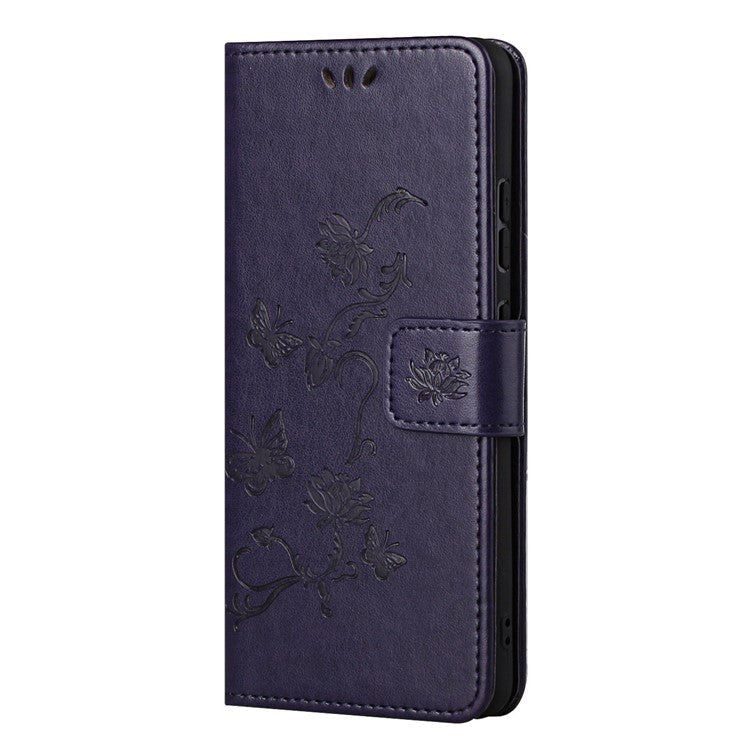 Butterfly Flower Imprinting Anti-Scratch Anti-Drop Leather Phone Wallet Stand Cover with Strap for Samsung Galaxy M52 5G - Dark Purple
