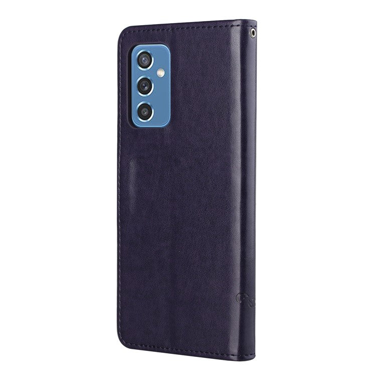 Butterfly Flower Imprinting Anti-Scratch Anti-Drop Leather Phone Wallet Stand Cover with Strap for Samsung Galaxy M52 5G - Dark Purple