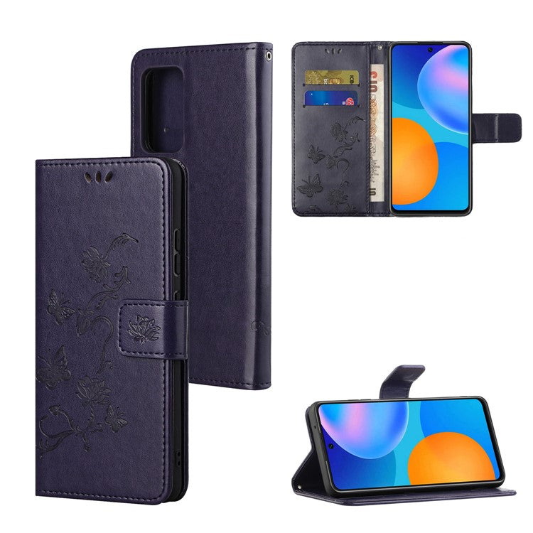 Butterfly Flower Imprinting Anti-Scratch Anti-Drop Leather Phone Wallet Stand Cover with Strap for Samsung Galaxy M52 5G - Dark Purple