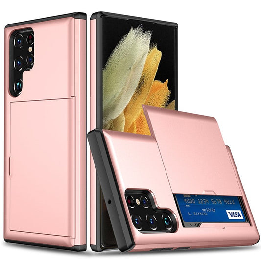 Slide Card Holder Anti-drop Well-protected Smooth PC + TPU Hybrid Phone Case for Samsung Galaxy S22 Ultra 5G - Rose Gold