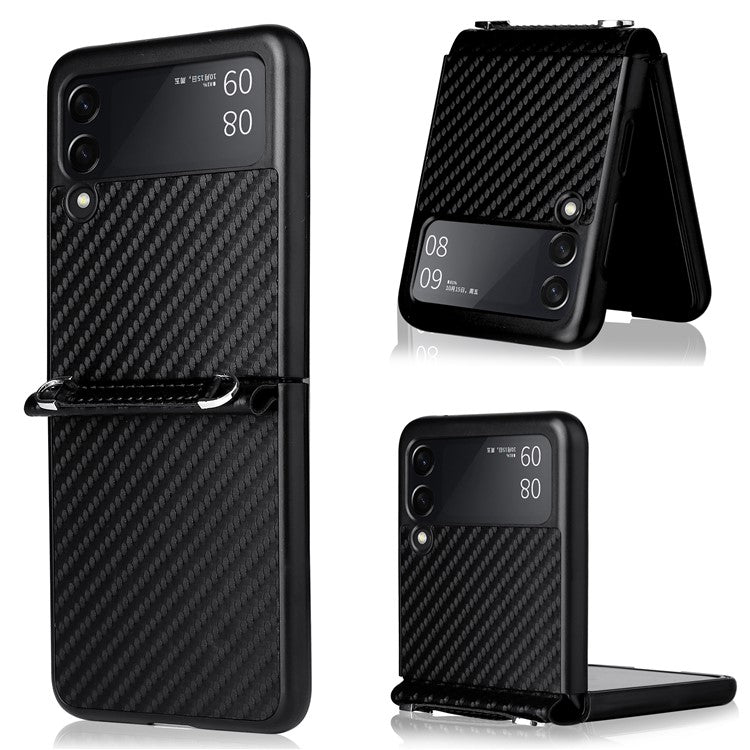 Carbon Fiber Texture One-piece Design PU Leather Coated PC Phone Case with Lanyard for Samsung Galaxy Z Flip3 5G - Black