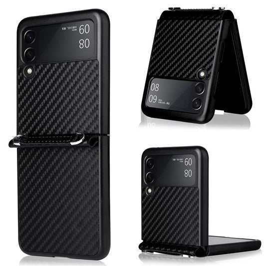 Carbon Fiber Texture One-piece Design PU Leather Coated PC Phone Case with Lanyard for Samsung Galaxy Z Flip3 5G - Black