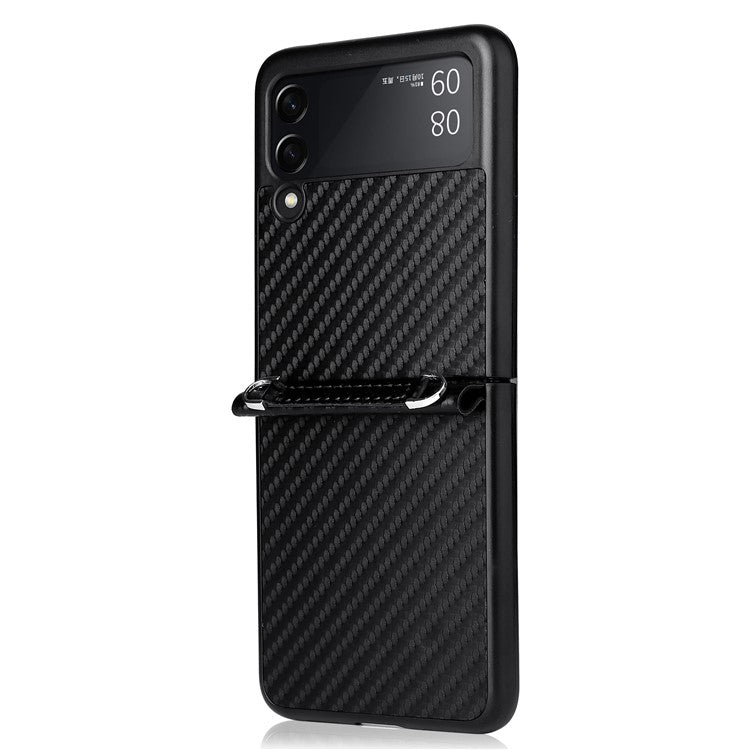 Carbon Fiber Texture One-piece Design PU Leather Coated PC Phone Case with Lanyard for Samsung Galaxy Z Flip3 5G - Black
