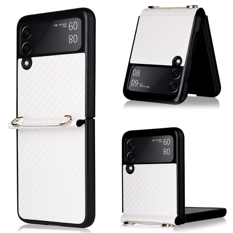 Carbon Fiber Texture One-piece Design PU Leather Coated PC Phone Case with Lanyard for Samsung Galaxy Z Flip3 5G - White