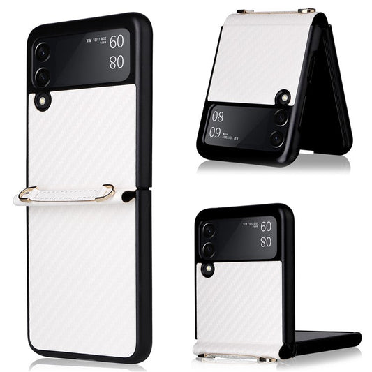 Carbon Fiber Texture One-piece Design PU Leather Coated PC Phone Case with Lanyard for Samsung Galaxy Z Flip3 5G - White
