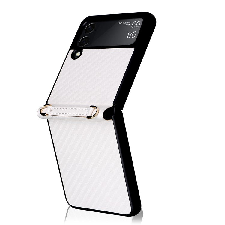 Carbon Fiber Texture One-piece Design PU Leather Coated PC Phone Case with Lanyard for Samsung Galaxy Z Flip3 5G - White
