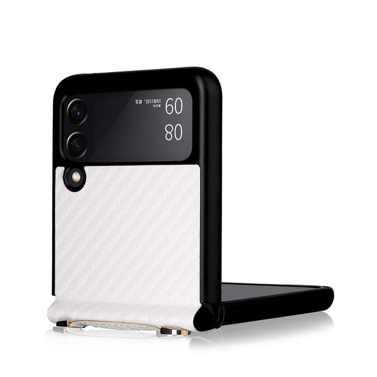 Carbon Fiber Texture One-piece Design PU Leather Coated PC Phone Case with Lanyard for Samsung Galaxy Z Flip3 5G - White