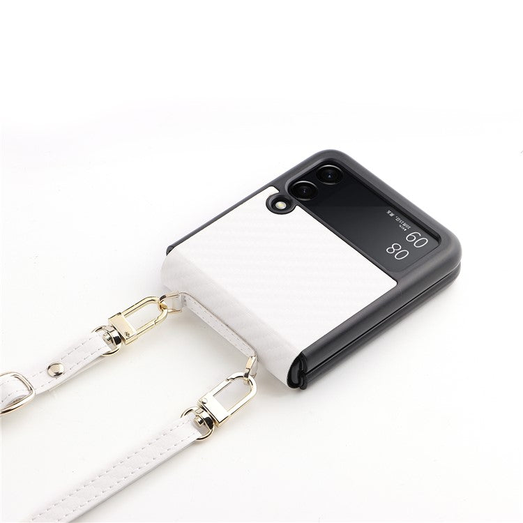 Carbon Fiber Texture One-piece Design PU Leather Coated PC Phone Case with Lanyard for Samsung Galaxy Z Flip3 5G - White