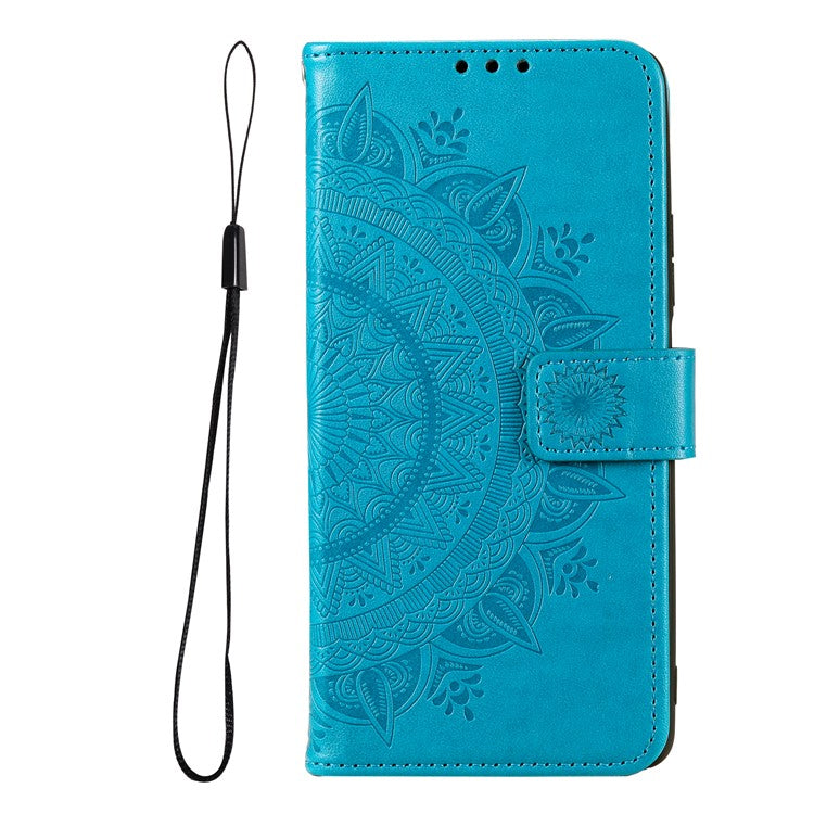 Imprinted Mandala Flower Stylish Anti-fall Wallet Stand Leather Cover Phone Shell with Handy Strap for Samsung Galaxy M52 5G - Blue