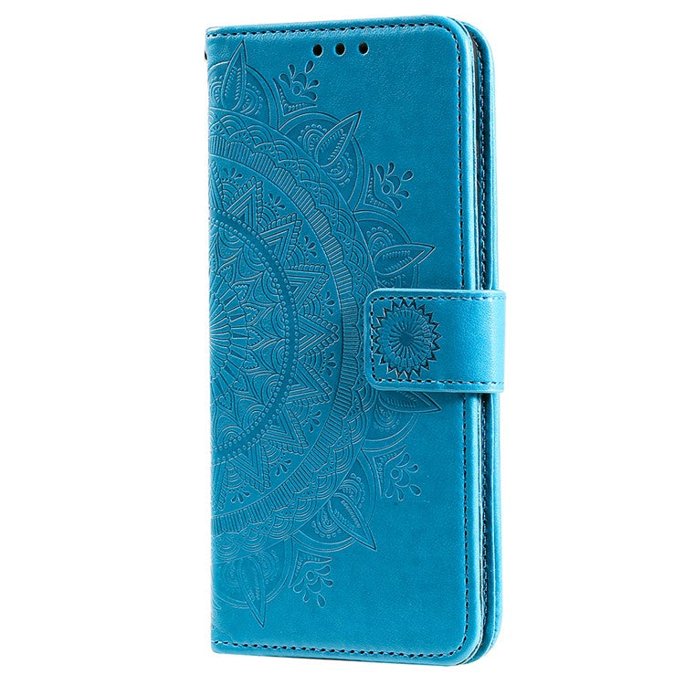 Imprinted Mandala Flower Stylish Anti-fall Wallet Stand Leather Cover Phone Shell with Handy Strap for Samsung Galaxy M52 5G - Blue