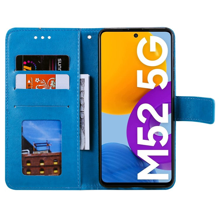 Imprinted Mandala Flower Stylish Anti-fall Wallet Stand Leather Cover Phone Shell with Handy Strap for Samsung Galaxy M52 5G - Blue