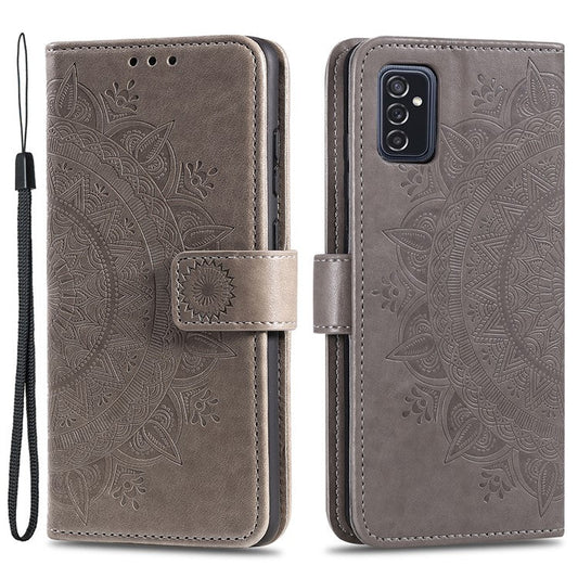 Imprinted Mandala Flower Stylish Anti-fall Wallet Stand Leather Cover Phone Shell with Handy Strap for Samsung Galaxy M52 5G - Grey
