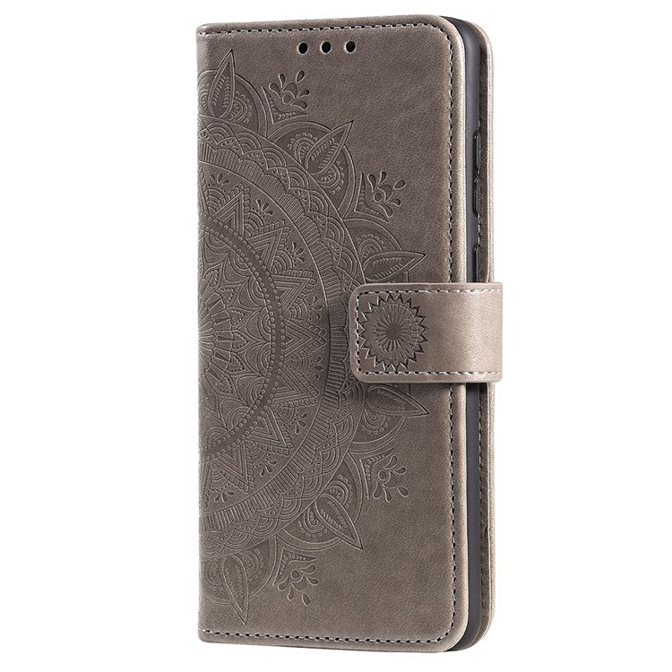 Imprinted Mandala Flower Stylish Anti-fall Wallet Stand Leather Cover Phone Shell with Handy Strap for Samsung Galaxy M52 5G - Grey