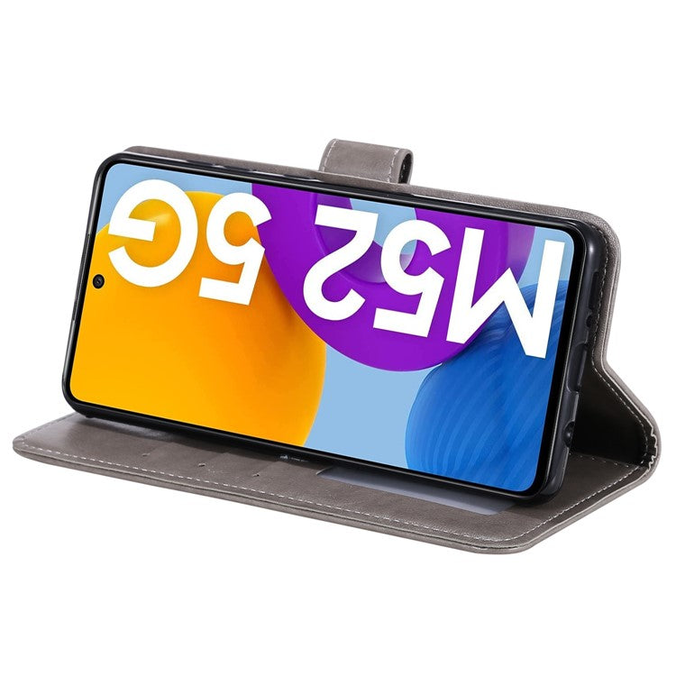 Imprinted Mandala Flower Stylish Anti-fall Wallet Stand Leather Cover Phone Shell with Handy Strap for Samsung Galaxy M52 5G - Grey