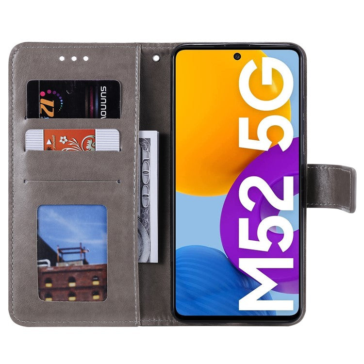 Imprinted Mandala Flower Stylish Anti-fall Wallet Stand Leather Cover Phone Shell with Handy Strap for Samsung Galaxy M52 5G - Grey