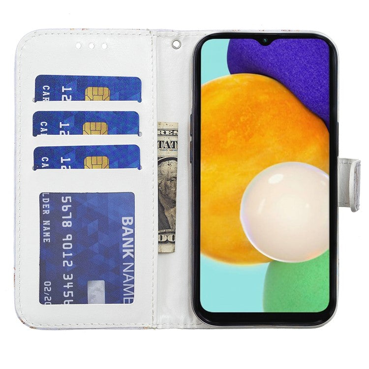 Full Body Cute Pattern Printing PU Leather Folio Stand Wallet Cover with Wrist Strap for Samsung Galaxy A13 5G / A04s 4G (164.7 x 76.7 x 9.1 mm) - Golden Butterfly