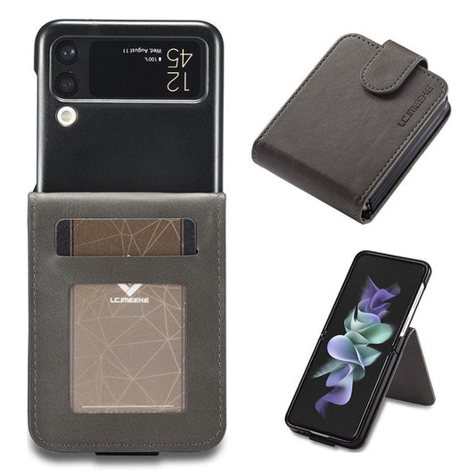 LC.IMEEKE Supporting Stand Card Slot Design Phone Cover PU Leather Folding Phone Case for Samsung Galaxy Z Flip3 5G - Grey