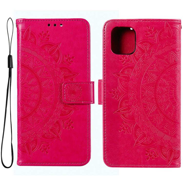 Imprinted Totem Mandala Flower Folio Flip Wallet PU Leather Stand Protective Phone Case with Strap for Samsung Galaxy A03 (166.5 x 75.98 x 9.14mm) - Red