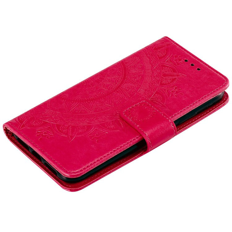 Imprinted Totem Mandala Flower Folio Flip Wallet PU Leather Stand Protective Phone Case with Strap for Samsung Galaxy A03 (166.5 x 75.98 x 9.14mm) - Red