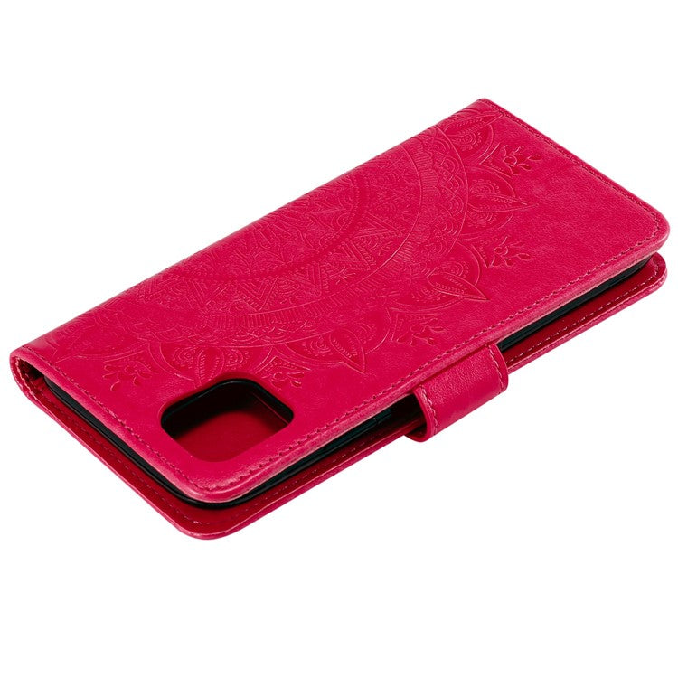 Imprinted Totem Mandala Flower Folio Flip Wallet PU Leather Stand Protective Phone Case with Strap for Samsung Galaxy A03 (166.5 x 75.98 x 9.14mm) - Red
