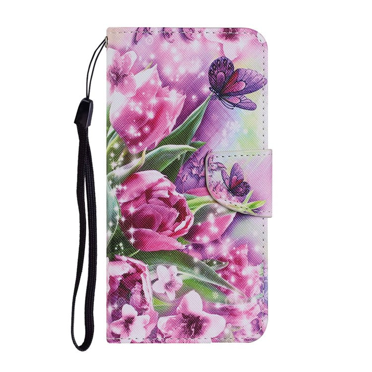 Full Protection Pattern Printing Leather Stand Wallet Case Phone Cover Protector with Wrist Strap for Samsung Galaxy S22 Ultra 5G - Rose and Butterfly