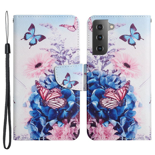 Cross Texture Pattern Printing All-round Protection Leather Phone Case Stand Wallet Shell with Hand Strap for Samsung Galaxy S22+ 5G - Purple Butterfly