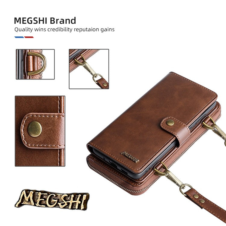 MEGSHI 020 Series Magnetic Absorption Wallet Anti-fall Detachable Design PU Leather TPU Case Shell with Long Strap for Samsung Galaxy A71 5G SM-A716 - Brown
