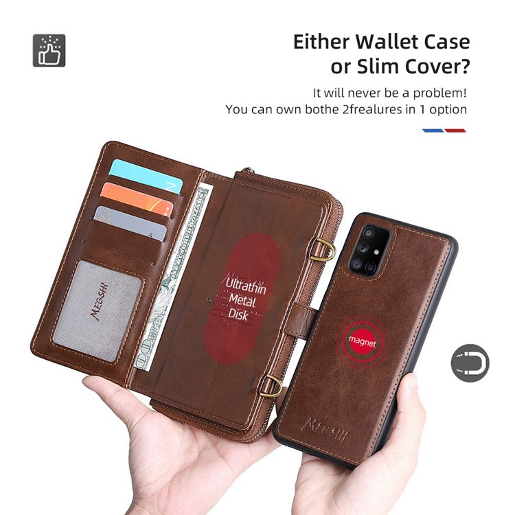 MEGSHI 020 Series Magnetic Absorption Wallet Anti-fall Detachable Design PU Leather TPU Case Shell with Long Strap for Samsung Galaxy A71 5G SM-A716 - Brown