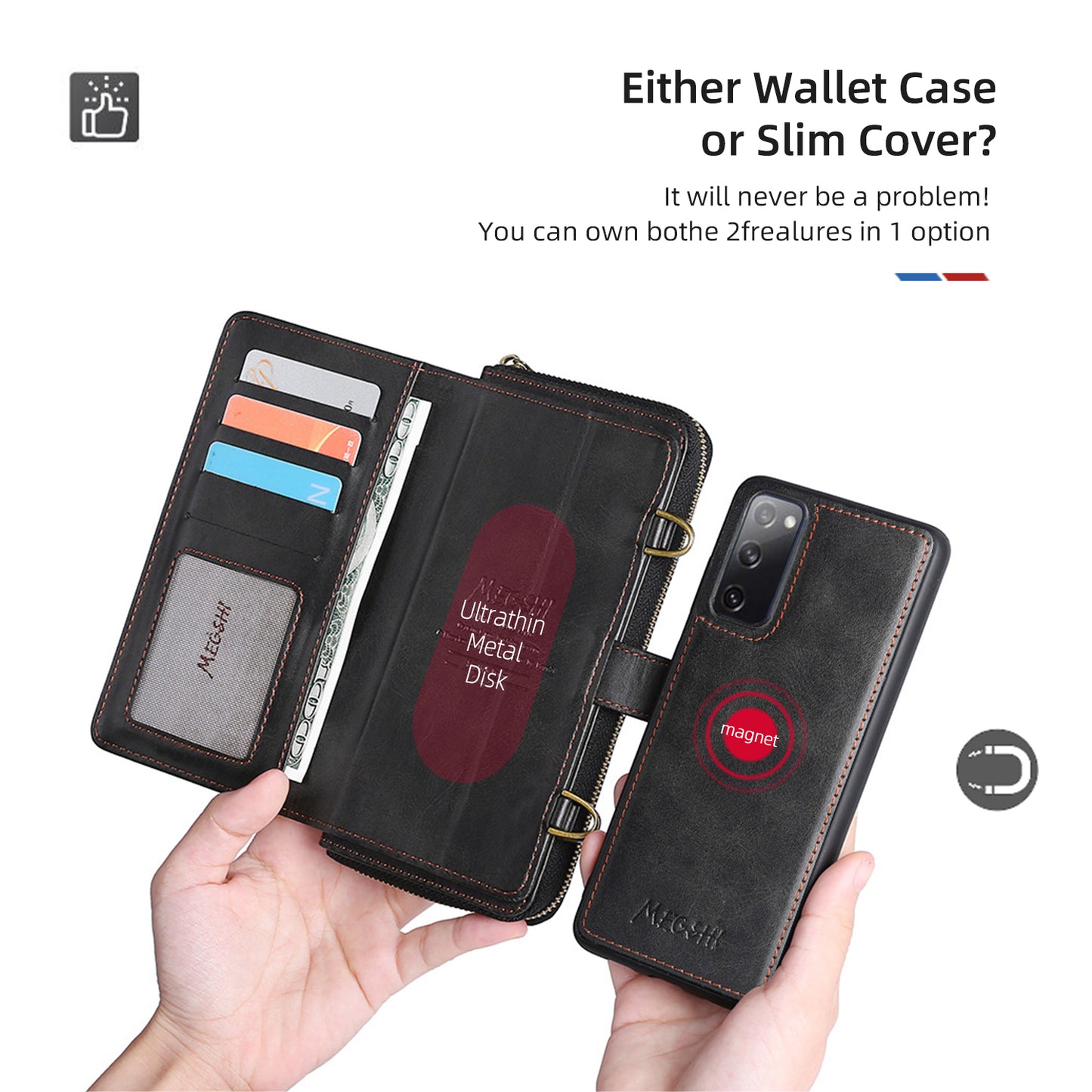 MEGSHI 020 Series Scratch-resistant Magnetic Detachable Design Shockproof PU Leather TPU Wallet Cover Shoulder Bag for Samsung Galaxy S20 FE 2022/S20 FE/S20 FE 5G/S20 Lite - Black