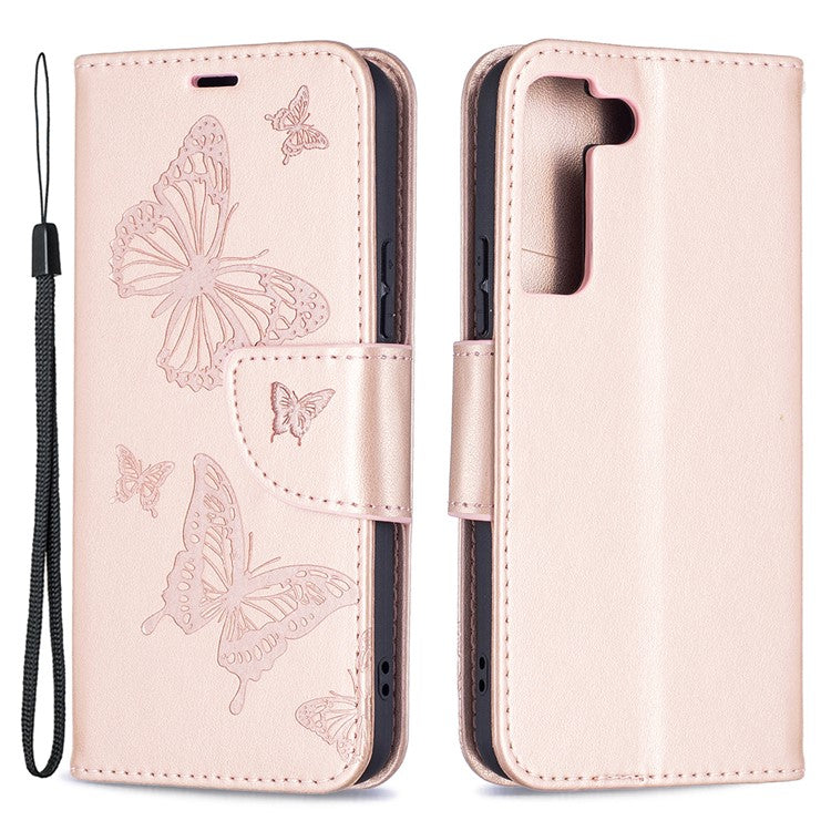 Butterfly Imprinted PU Leather Magnetic Flip Case Wallet Stand Shockproof Cover with Strap for Samsung Galaxy S22 5G - Rose Gold