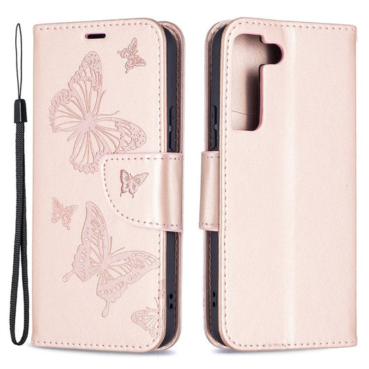 Butterfly Imprinted PU Leather Magnetic Flip Case Wallet Stand Shockproof Cover with Strap for Samsung Galaxy S22 5G - Rose Gold