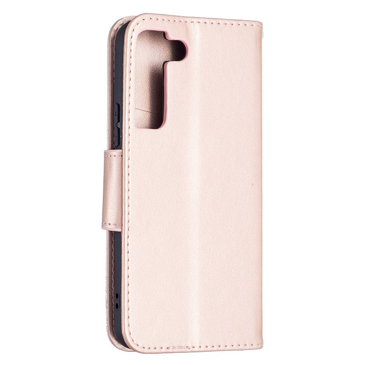 Butterfly Imprinted PU Leather Magnetic Flip Case Wallet Stand Shockproof Cover with Strap for Samsung Galaxy S22 5G - Rose Gold