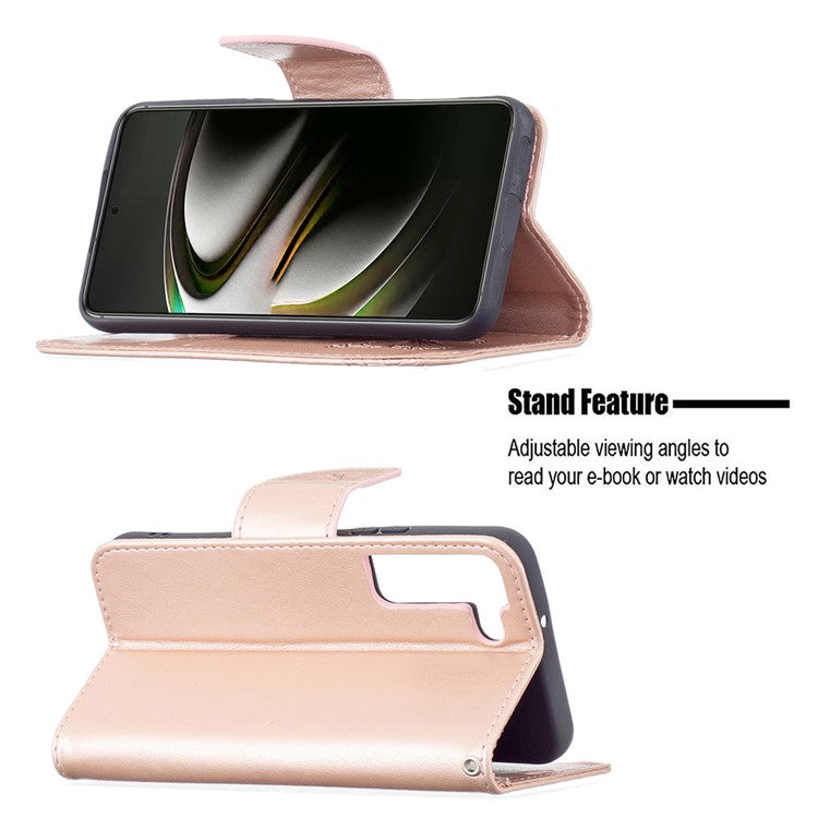 Butterfly Imprinted PU Leather Magnetic Flip Case Wallet Stand Shockproof Cover with Strap for Samsung Galaxy S22 5G - Rose Gold